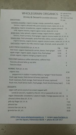 drinks menu at Wholegrain Organics in Palmerston North
