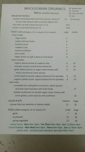 food menu at Wholegrain Organics in Palmerston North