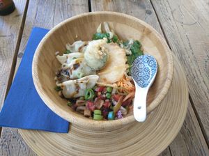 Dumpling rice bowl at Super Natural in Antwerpen
