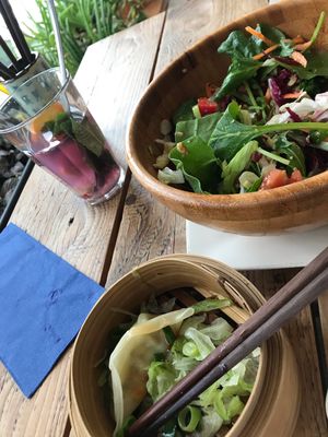 Dumplings and salad at Super Natural in Antwerpen