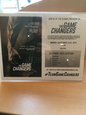 Promo for upcoming plant-based film The Game Changers! at The Grub Factory in Baltimore