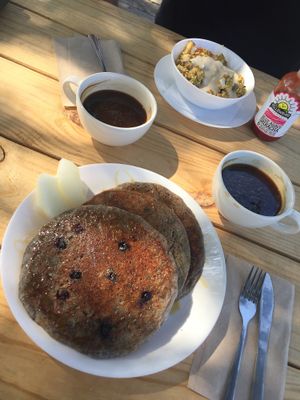 blue corn pancakes & breakfast bowl at Skull & Cakebones in Dripping Springs