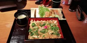 Vegan set lunch - teriyaki tofu with rice, soup and vegetable tempura at Yosiya in Kyoto