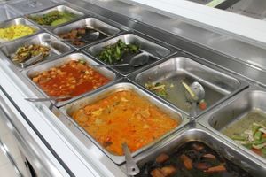 Buffet of curries and stir fries  at Vege Food Station in Kota Bharu