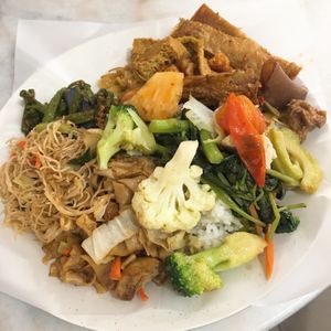 Overloaded buffet plate for 9R, delish! at Vege Food Station in Kota Bharu