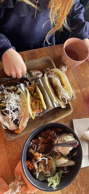 These are the jackfruit tacos and the Vegan Bowl.    at Esparza's Tacos & Coffee in Chatan