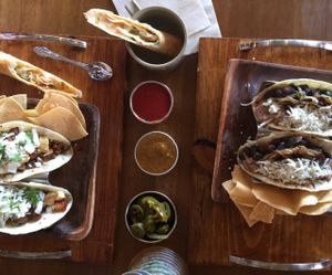 vegan chorizo tacos (left) and bean tacos (right) with vegan pizza stick at Esparza's Tacos & Coffee in Chatan