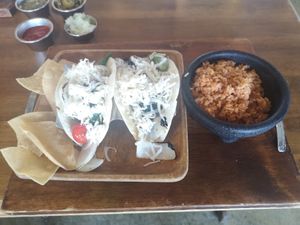 Very vegan tacos and a side of Mexican rice at Esparza's Tacos & Coffee in Chatan