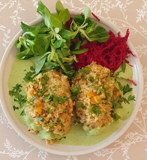 Pumpkinsk risoto from brown rice with chickpeas, homedressing, salat at GrandeVita in Prague