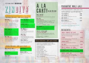 vegetarian options that can be made vegan if you ask (highlighted in green). I'm not sure about the Paratha dishes. at Zindiya in Birmingham