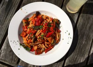 vegan fresh Mediterranean pasta at The Windmill Inn in Horsham
