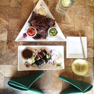 Appetizers - Triple Dip Platter & Maki Sushi Roll at The Present Moment Cafe and Market in St Augustine