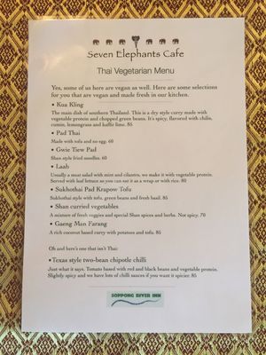 Vegan menu at Seven Elephants Cafe in Mae Hong Son