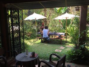 Garden tables at Seven Elephants Cafe in Mae Hong Son
