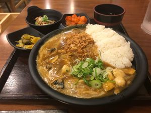 Coconut cream mushroom curry with rice and extra of green onion and Natto on the side  at Kore Curry - 고레 카레 in Seoul