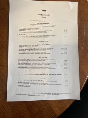 Menu at The Salamander in Bath