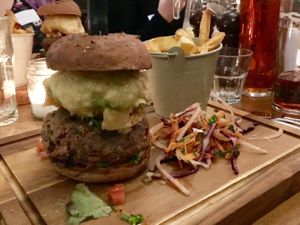 5 bean burger, battered avocado, pickles & fries at The Salamander in Bath