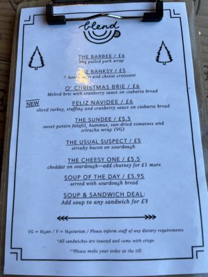 Menu but neither of the vegan options were available   at Blend Coffee Lounge in Perth