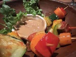 Vege skewers with satay sauce  at The Shearwater Cafe in Victoria Falls