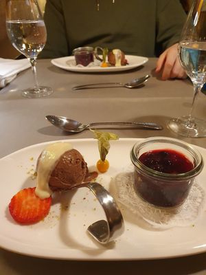(vegan) Schokoladeneis mit Vanillesauce und Waldbeeren at Waldhotel am Notschreipass in Todtnau