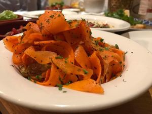 Moroccan carrots - Moroccan spiced marinated carrot salad with dried fruits, honey, sumac and creamy yoghurt - ca. 3 Euro at Dobrumba in Budapest