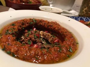 Muhammara - Syrian roasted red pepper, walnut and pomegranate seeds served with bread - ca. 3 Euro at Dobrumba in Budapest