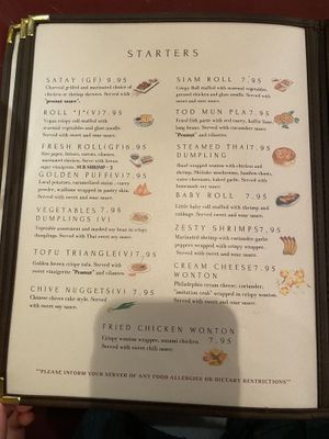 Vegan starters labeled with a V.  at Siam Square in Middletown