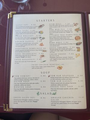 A page of the lunch menu. Vegan starters are labeled. Veggie tofu soup can be made vegan based on advice from our server. Not sure about the other soups.  at Siam Square in Middletown