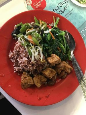 brown rice with vegetables S$2.20 only. staff and student price. chip chip at ITE College Central Vegetarian Stall  in Northeast Singapore