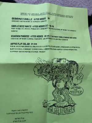 Part 1 of the menu  at Evel Pie in Las Vegas