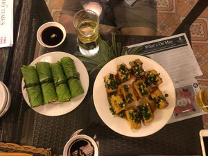 Springroll in Mustard leafs and the tofu blocks  at Sesame in Hanoi