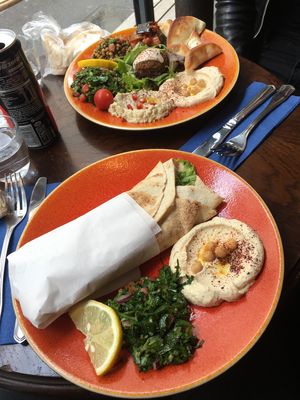 Veggie platter and falafel wrap at Daily Syrien in Paris