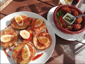 EGGPLANTS WITH BANANAS AND PALM HONEY. VEGAN BREADED MUSCHROOMS. at El Guanche "Alte Schule" in Tenerife
