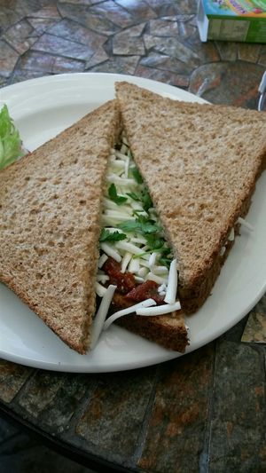 Vegan cheese, parsley and sundried tomato sandwich at Cacau Brazilian Patisserie in Redcar