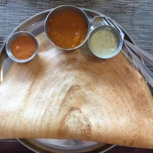  The outside of the door so was crispy and delicate, for the inside I chose mushroom with potatoes and peas.  All those says come with these three different sauces. My favorite is the coconut one.  at Dosa World in Hicksville