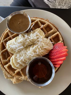 Waffle with fruit, coconut, almond butter and maple syrup  at Chula in San Jose Del Cabo