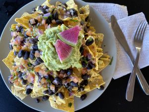 Vegan nachos with homemade nut cheese, delicious!  at Chula in San Jose Del Cabo