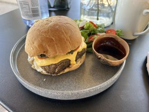 Lentil patty burger with small side salad  at Chula in San Jose Del Cabo