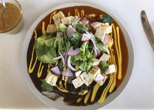 Divorciados with tofu (perfectly cooked btw) added. The sauces were wonderful and I was very pleased!  at Chula in San Jose Del Cabo