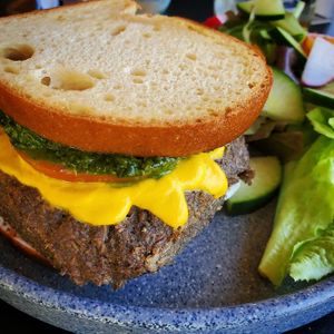 Pesto Burger on GF bread  - so yum I got it twice! at Chula in San Jose Del Cabo