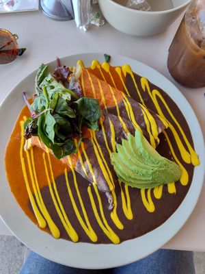 Enfrijoladas $180

filled with chorizo and potatoes, cashew cheese, salsa and avocado at Chula in San Jose Del Cabo
