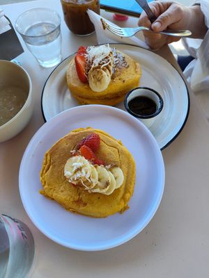 Sweet potato pancakes $185
with banana, almond butter and maple syrup at Chula in San Jose Del Cabo