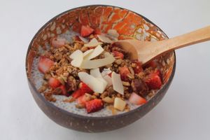 Chia pudding with granola , goji berriees and coconut  at Chula in San Jose Del Cabo