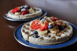 Gluten Free and Vegan waffle with peanutbutter ,berriees and banana! So good! at Chula in San Jose Del Cabo