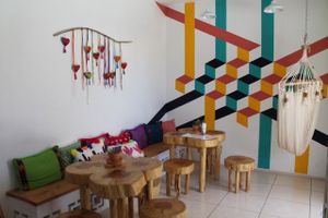 Inside of Chula Vegan Café with AC and a cute hammock  at Chula in San Jose Del Cabo