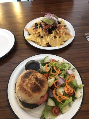 Nachos and the burger with salad at Chula in San Jose Del Cabo
