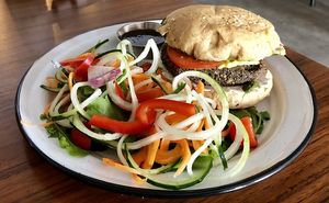 Burger with salad at Chula in San Jose Del Cabo