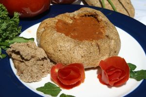 Tomato soup in bread bowl at Vida Lotus in Limon Campana Capira