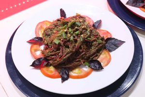 Homemade Beet Spaghetti with tomatoes, basil and pesto sauce. at Vida Lotus in Limon Campana Capira