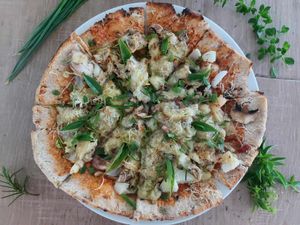 Neopolitan style pizza with aromatic herbs and mushrooms at Vida Lotus in Limon Campana Capira